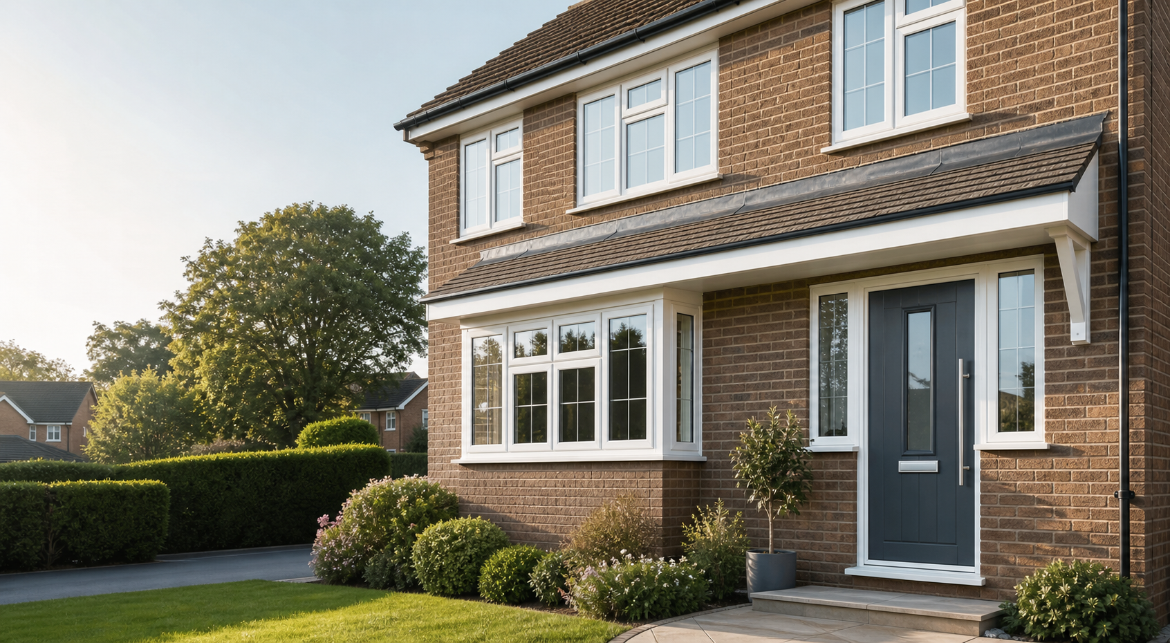 Modern brick home with newly installed white double glazed windows and a dark front door